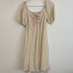 Beige Puff Sleeve Cotton Dress